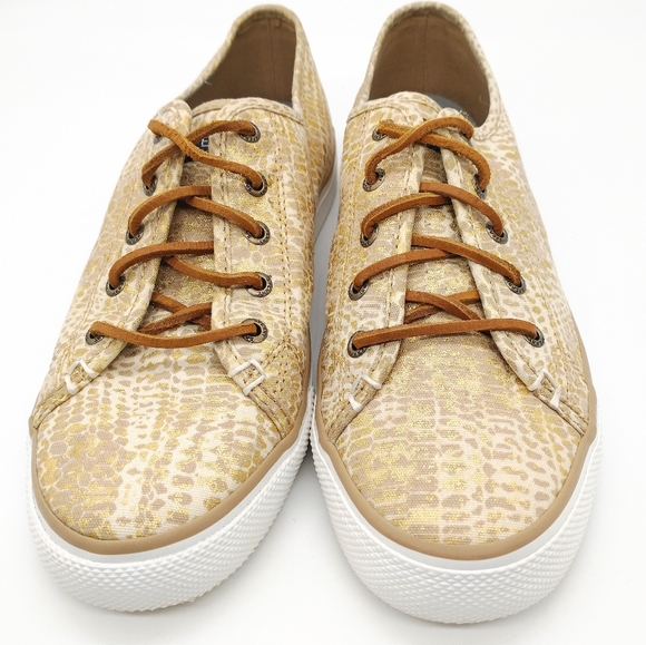 Sperry Seacoast Python Print Sneakers Gold 9 - Picture 2 of 6